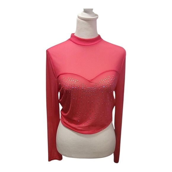 SHEIN Tops - NWT Hot Pink SHEIN long sleeve stretch sheer top with sparkling details#coquette